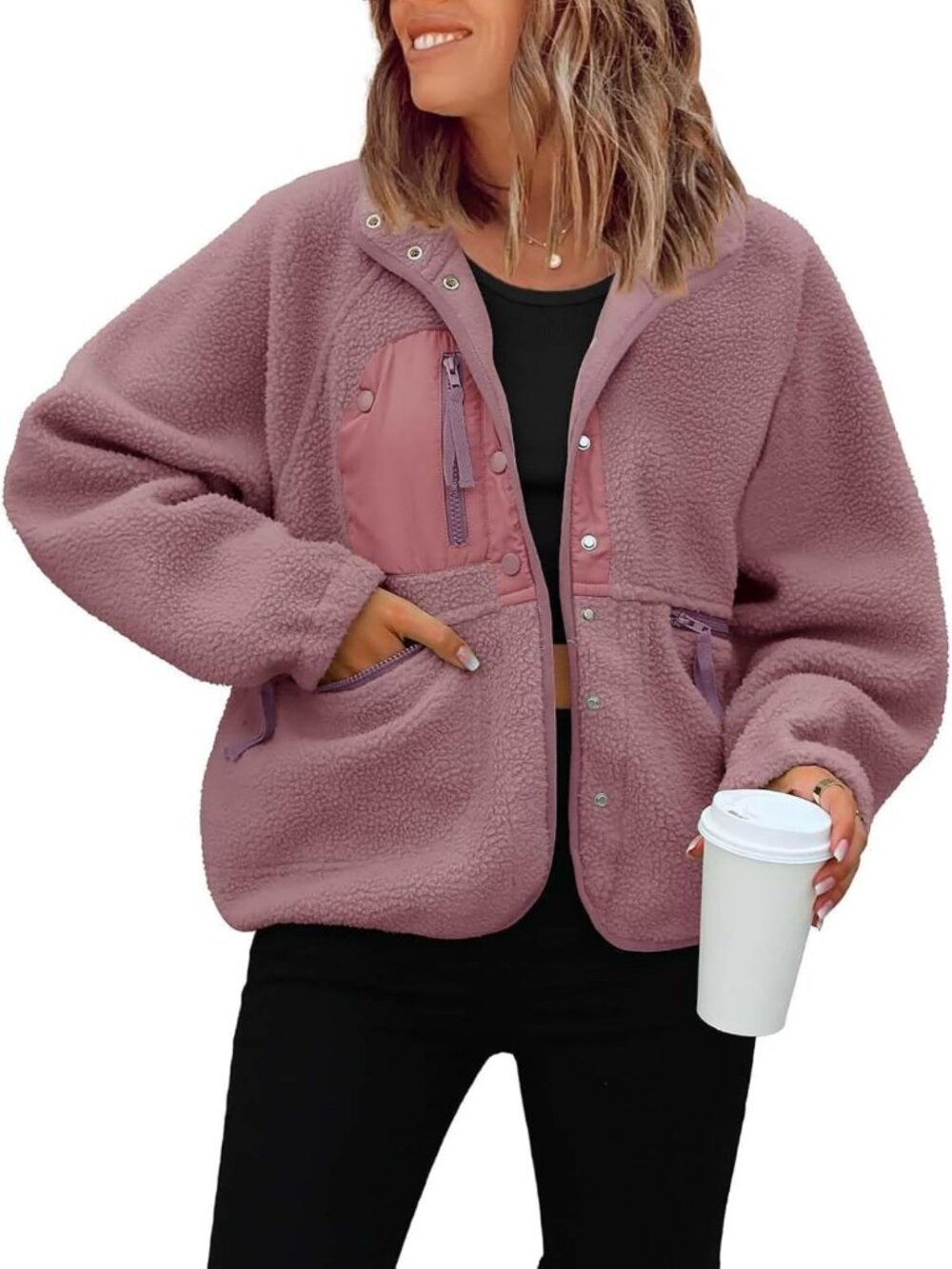 Cozy Women's Cropped Fuzzy Fleece Jacket with Button Closure - Trendy Outerwear